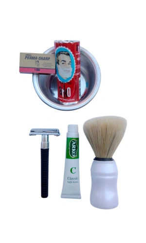 Orak Plastik Sapli Tras Makinasi Perma Sharp Yaprak Jilet Arko Berber Tras Sabunu Sakal Fircasi Metal Tras Tasi Arko Nem Klasik cilt besleyici Yagli Krem 20 cc Tras Seti