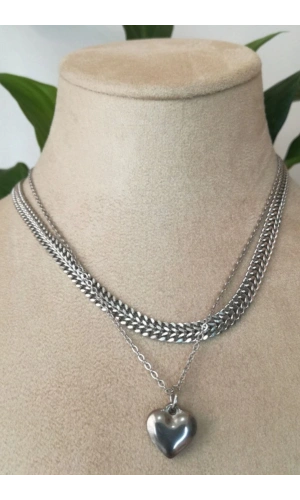 orme cift silver zincirli kalp tasarim gumus renkli kaliteli paslanmaz celik kolye stainless stell