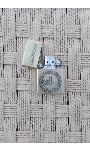 Ozel Tasarim Sari renkli Ottoman Yazili Osmanli Tugra Kabartmali Zippo Cakmak