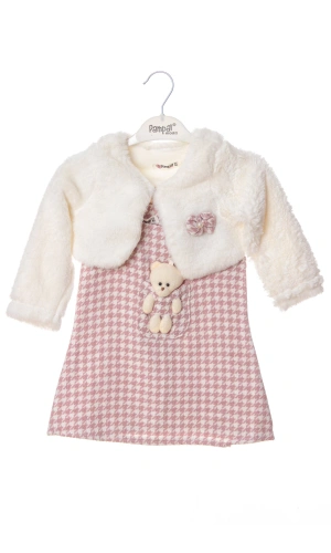 pembe beyaz renkli bolerolu yunlu fiyonklu minik ayicik cep detayli kaliteli uzun kollu yunlu elbise