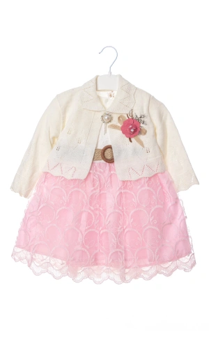 pembe beyaz renkli hasir kemerli cicek broslu bolerolu tullu astarli pamuklu kaliteli uzun kollu kiz cocuk elbise