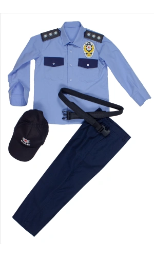 polis genel hizmet yeni model uzun kollu mavi renkli gomlek siyah sapkali siyah palaskali polis cocuk kostum takimi