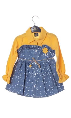 sari renkli cicek broslu citcitli etek vual brode ici astarli cicek aksesuarli kiz cocuk kot gomlek elbise