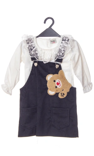 siyah renkli badili bahcivan elbise ayicik detayli nakisli cepli kaliteli uzun kollu kadife kiyafet