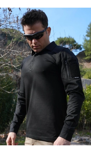 siyah renkli beldaran model cepli uzun kollu polo yakali dugmeli operasyon taktik tisort