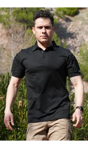siyah renkli kisa kollu polo yaka dugmeli taktik tisort