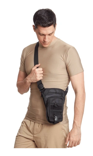 siyah renkli omuz bel bacak baglamali omuz askili ozel bolmeli fonksiyonel silah cantasi