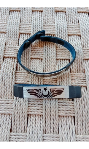 Siyah Renkli Pilot Brovesi Logolu Hakiki Deri Hediyelik Bileklik