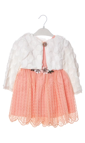 turuncu beyaz renkli bolerolu yunlu tullu astarli pamuklu kaliteli uzun kollu kiz cocuk elbise