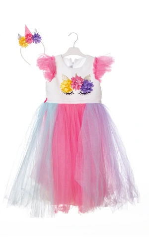 unicorn detayli pullu karisik renkli tacli kurdelali tullu kaliteli cocuk abiye kostum