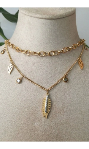 yaprakli tasarim ince gold cift zincirli altin renkli zirkon tasli kaliteli paslanmaz celik kolye stainless stell