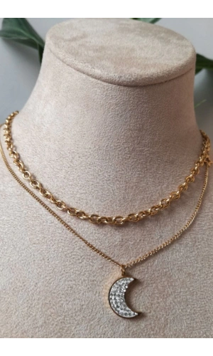 yarim ay tasarim ince gold cift zincirli altin renkli zirkon tasli kaliteli paslanmaz celik kolye stainless stell