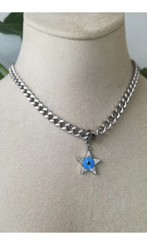 yildiz nazar boncuklu tasarim kalin silver orme zincirli gumus renkli zirkon tasli kaliteli paslanmaz celik kolye stainless stell