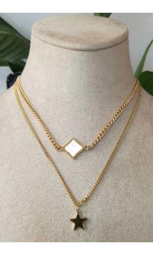 yildiz tasarim ince gold cift zincirli altin renkli selenit tasli kaliteli paslanmaz celik kolye stainless stell