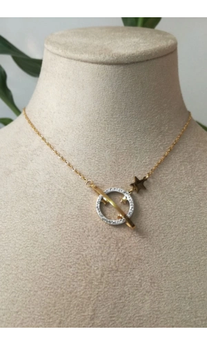 yildiz tasarim ince gold zincirli zirkon tasli altin renkli kaliteli paslanmaz celik kolye stainless stell