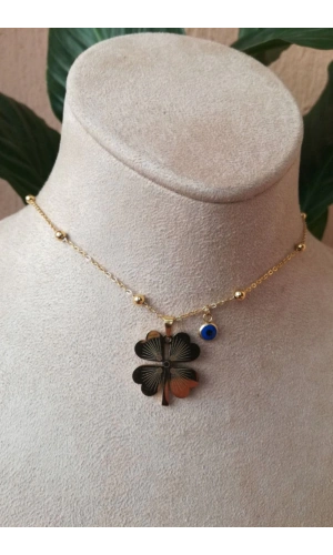 yonca tasarim ince gold zincirli altin renkli nazar boncuklu tasli kaliteli paslanmaz celik kolye stainless stell