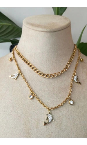 yunuslar tasarim ince gold cift zincirli tasli altin renkli kaliteli paslanmaz celik kolye stainless stell