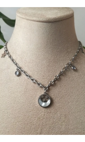 yuvarlak ay yildiz tasarim kalin silver zincirli gumus renkli ay tasli kaliteli paslanmaz celik kolye stainless stell
