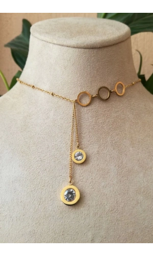 yuvarlak tasarim ince gold zincirli altin renkli zirkon tasli cift sallantili kaliteli paslanmaz celik kolye stainless stell