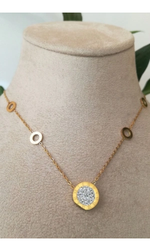 yuvarlak tasarim ince gold zincirli cift tarafli zirkon tasli altin renkli kaliteli paslanmaz celik kolye stainless stell