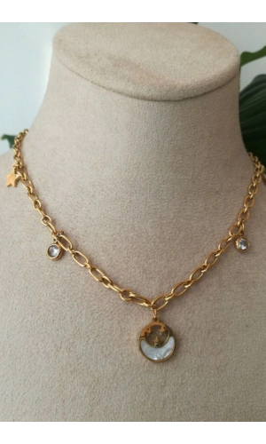yuvarlak tasarim ince gold zincirli zirkon ay tasli altin renkli kaliteli paslanmaz celik kolye stainless stell