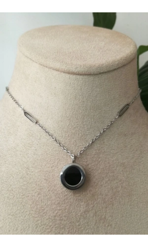 yuvarlak tasarim ince silver zincirli gumus renkli akik tasli kaliteli paslanmaz celik kolye stainless stell