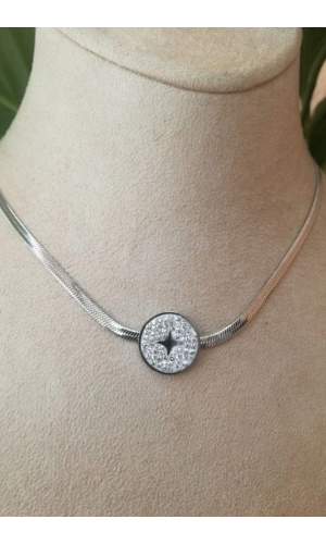 yuvarlak tasarim italyan zincirli beyaz zirkon tasli gumus renkli kaliteli paslanmaz celik kolye stainless stell