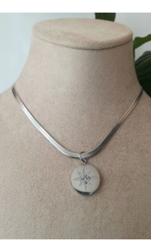 yuvarlak yildiz tasarim italyan zincirli beyaz tasli gumus renkli kaliteli paslanmaz celik kolye stainless stell