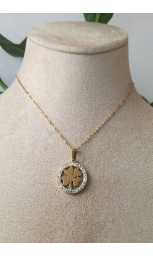 yuvarlak yonca tasarim ince gold zincirli zirkon tasli altin renkli kaliteli paslanmaz celik kolye stainless stell