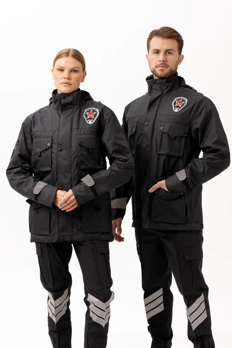 Güvenlik Kıyafeti KM Kaban Soğuk Havalara Dayanıklı Reflektörlü Kışlık Mont Modeli