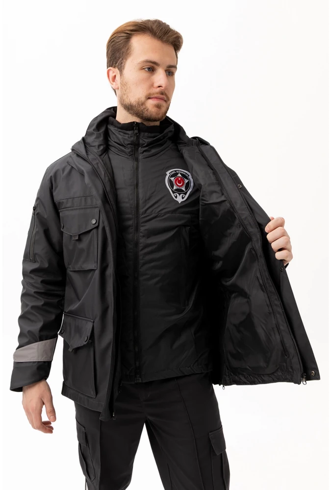 Güvenlik Kıyafeti KM Kaban Soğuk Havalara Dayanıklı Reflektörlü Kışlık Mont Modeli