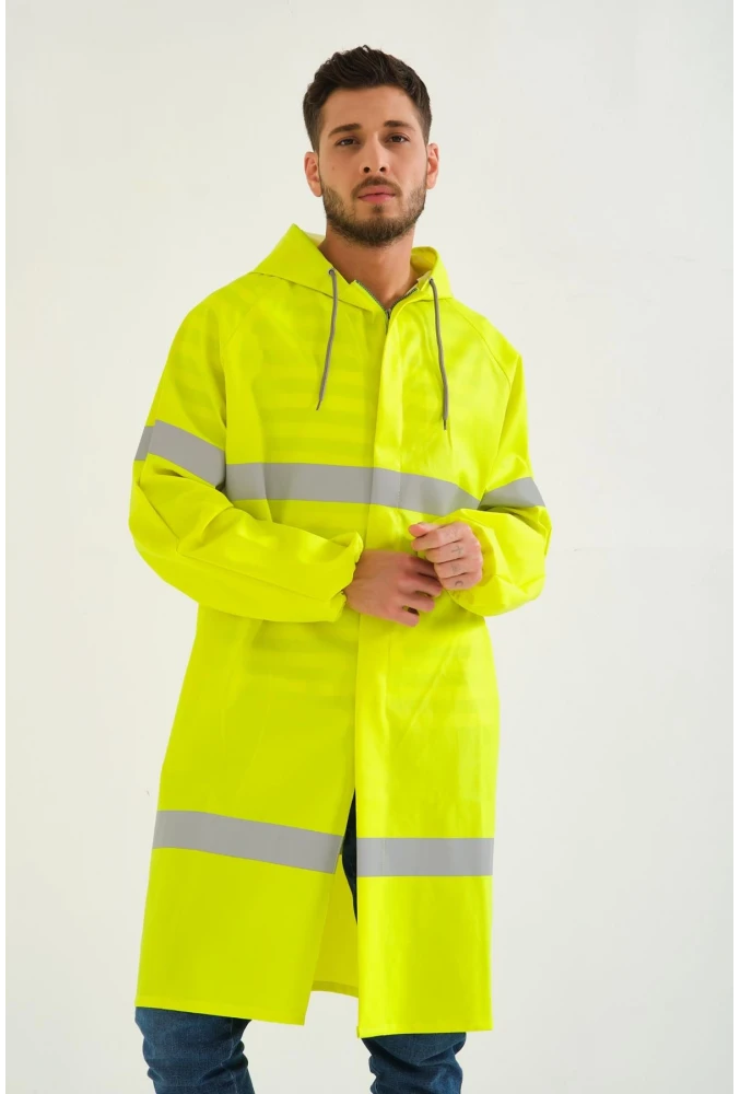 Yerli Diz Altı Pardesü RY 1800 Reflektörlü Su Geçirmez Fosforlu Yağmurluk İş Güvenliği Kıyafeti