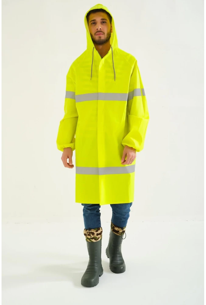 Yerli Diz Altı Pardesü RY 1800 Reflektörlü Su Geçirmez Fosforlu Yağmurluk İş Güvenliği Kıyafeti