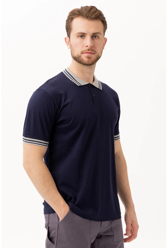 Hornet Polo Tişört - Şeritli Yaka ve Kol Detaylı Lacivert Erkek Polo Tişört Şık Tasarım