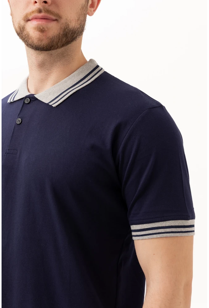 Hornet Polo Tişört - Şeritli Yaka ve Kol Detaylı Lacivert Erkek Polo Tişört Şık Tasarım