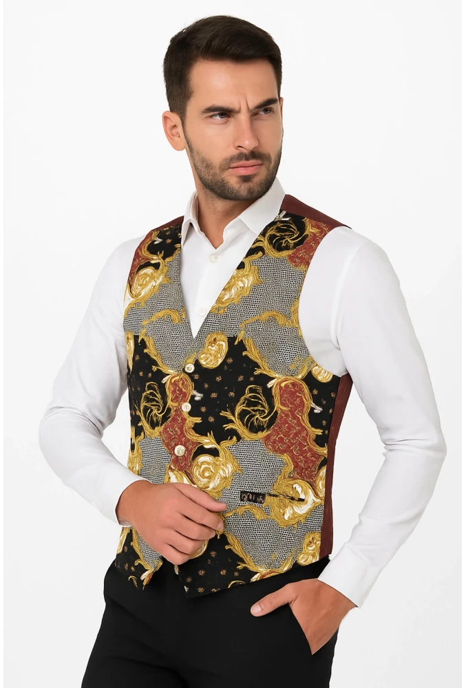 Astarlı İki Cepli Garson Yeleği Şal Desenli Şık ve Fonksiyonel Hizmet Sektörü Kıyafeti