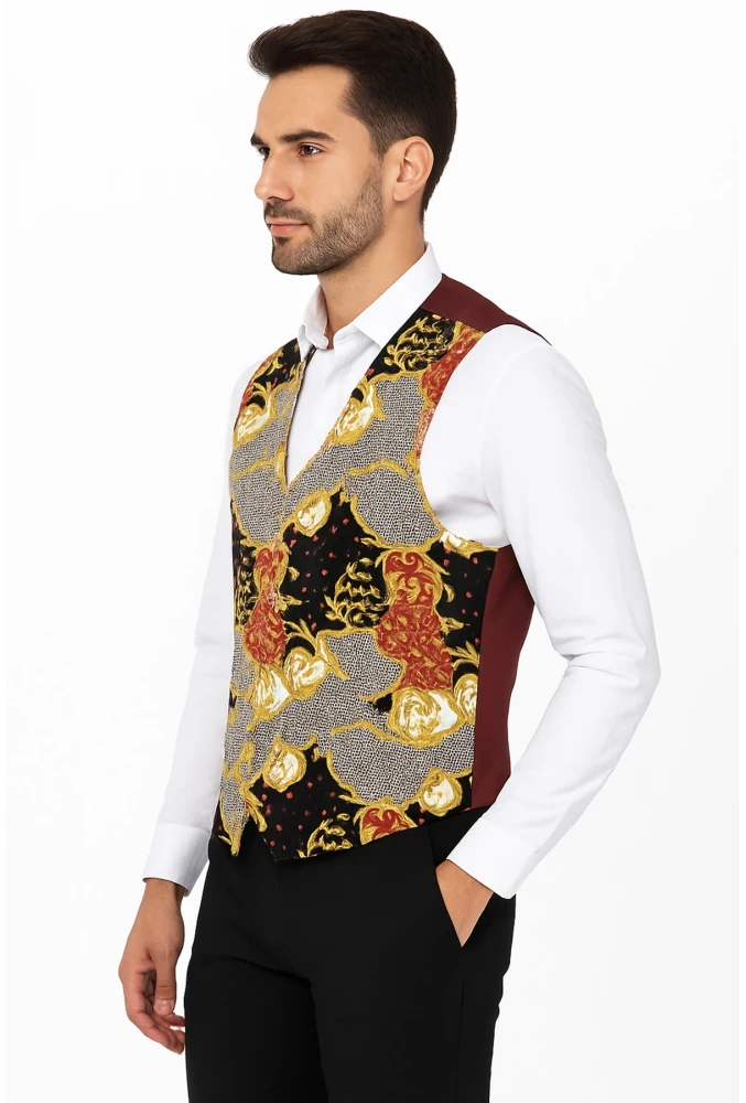 Astarlı İki Cepli Garson Yeleği Şal Desenli Şık ve Fonksiyonel Hizmet Sektörü Kıyafeti