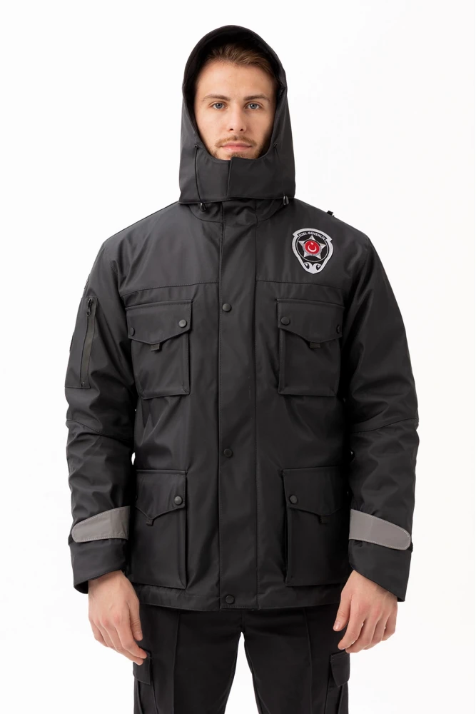 Güvenlik Kıyafeti KM Kaban Soğuk Havalara Dayanıklı Reflektörlü Kışlık Mont Modeli