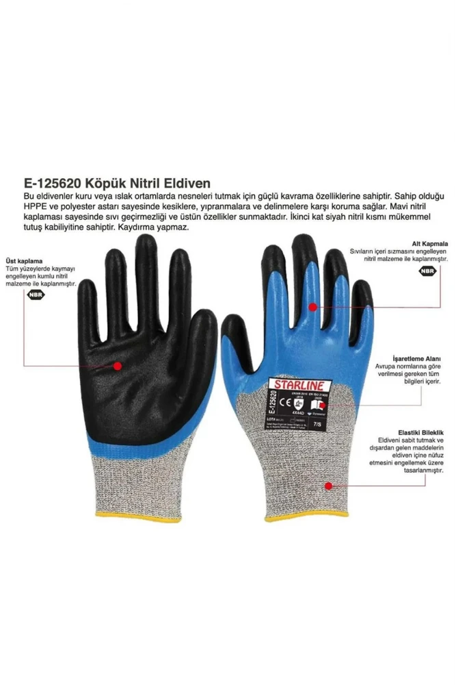 Starline E-125620 Köpük Nitril Kaplamalı İş Eldiveni Kaymaz