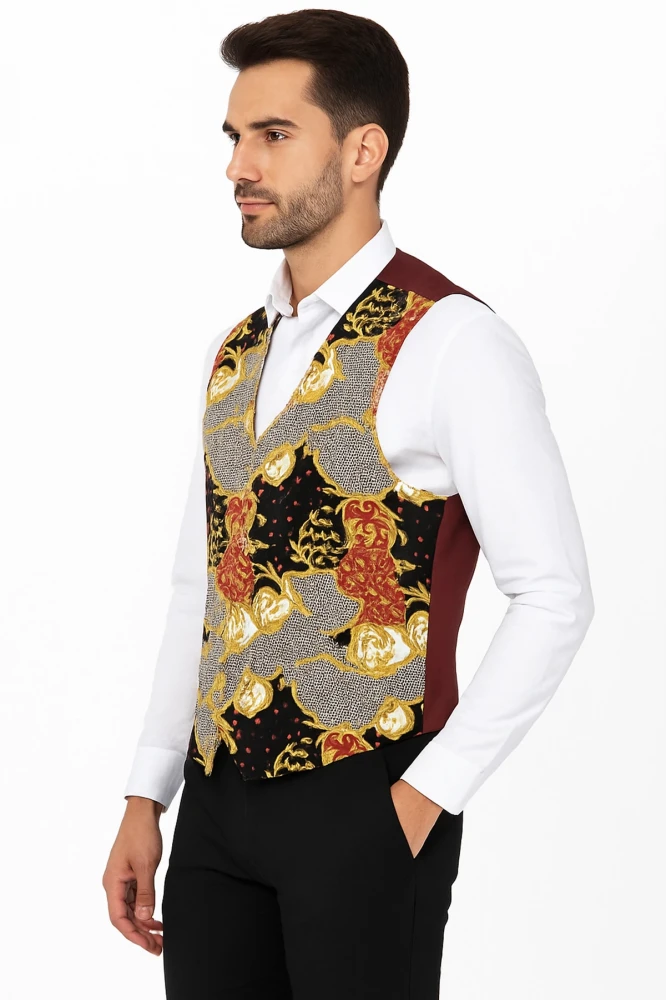 Astarlı İki Cepli Garson Yeleği Şal Desenli Şık ve Fonksiyonel Hizmet Sektörü Kıyafeti