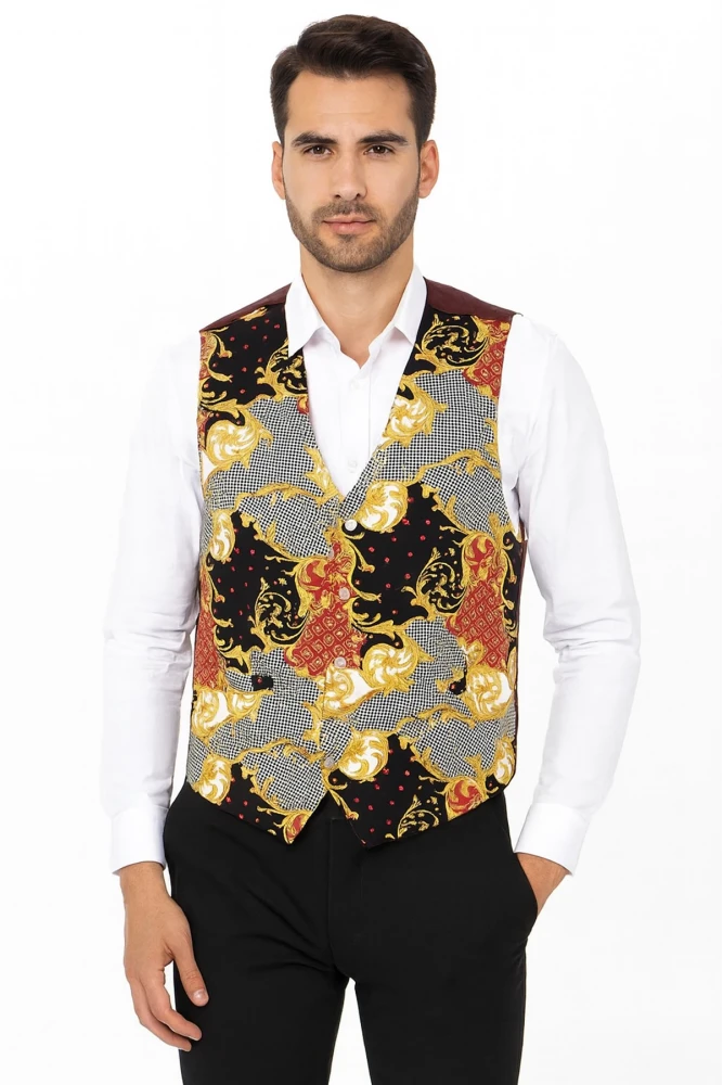 Astarlı İki Cepli Garson Yeleği Şal Desenli Şık ve Fonksiyonel Hizmet Sektörü Kıyafeti