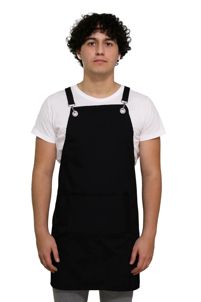 Barbanza Siyah Askılı Şef Önlüğü – Dayanıklı Kumaş, Mutfak ve Barista Önlüğü