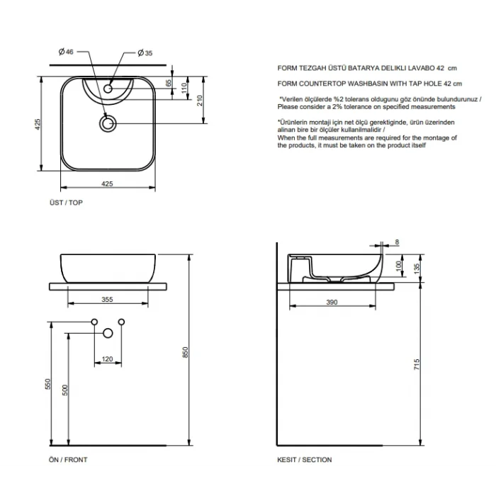 Form Beyaz Tez.Üstü Bat.Delikli Lavabo Extra