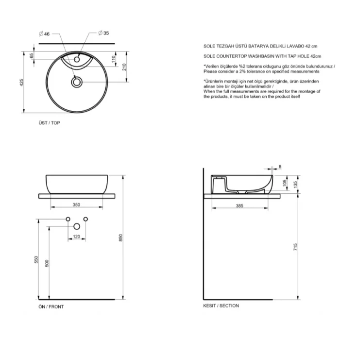 Sole Tezgah Üstü Lav.Batarya Delikli Mat Antrasit