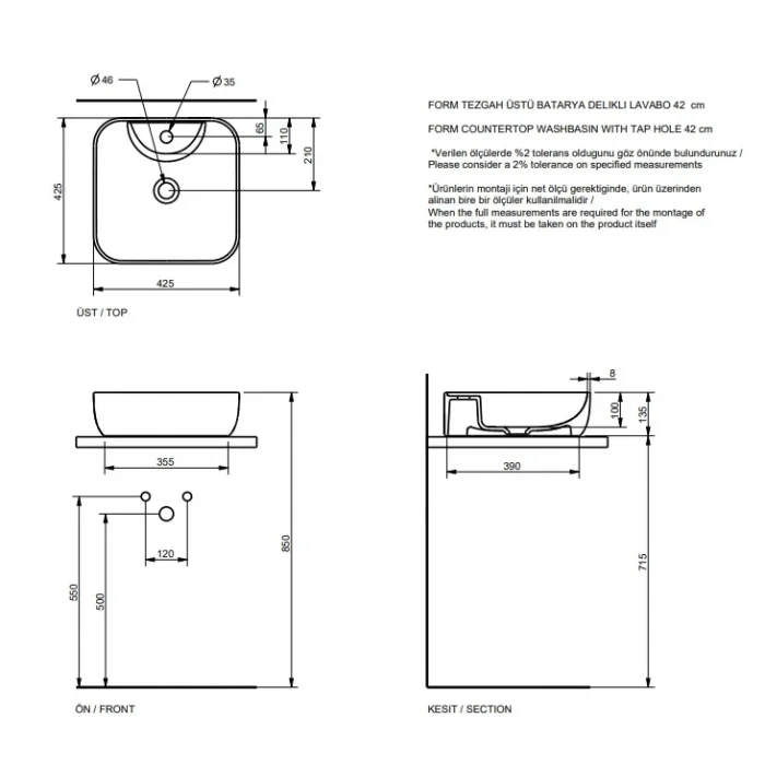 Form Mat Ant.Tez.Üstü Bat.Delikli Lavabo Extra