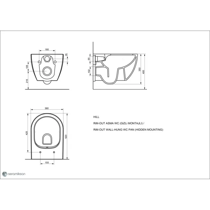 Hill Rimout Parlak Siyah Asma Klozet+H-Extra