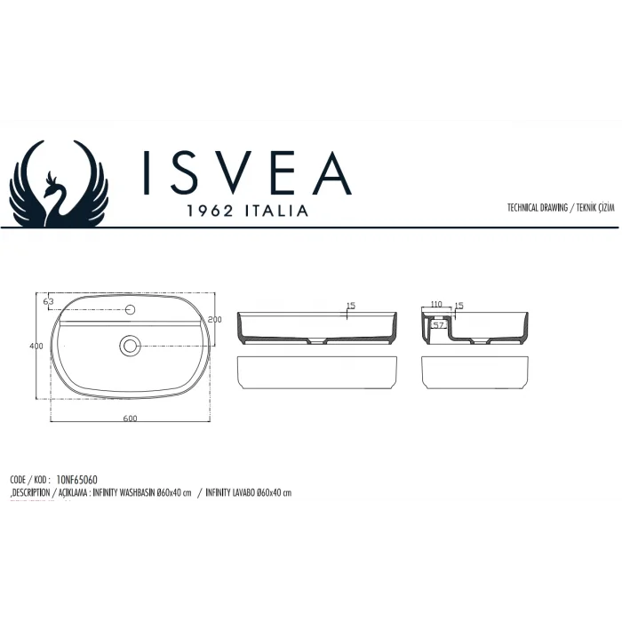 Isvea Infinity Bat.Delikli T. Üzeri Lav.60Cm B