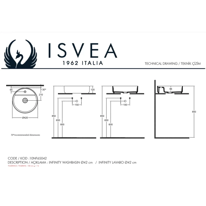 Isvea Infinity Tezgah Üzeri Lav.42 Cm.Mat Beyaz