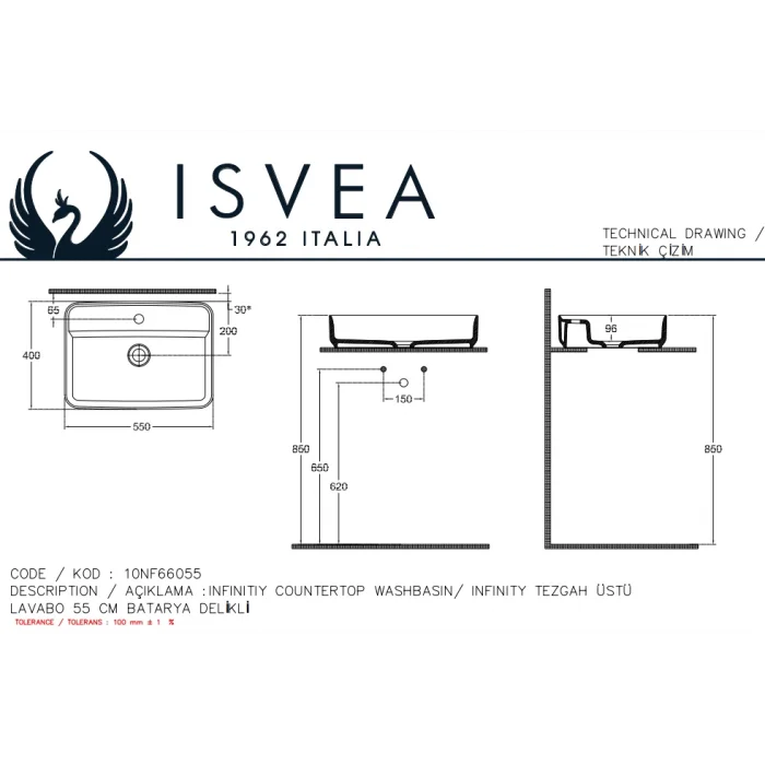 Isvea Infinity Tezgah Üzeri Lav.55 Cm.Mat Siyah