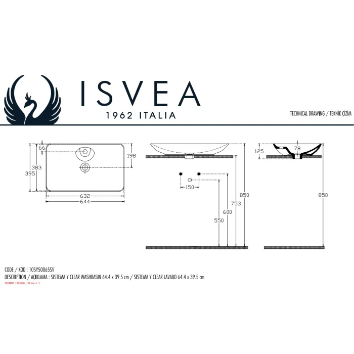 Isvea SistemaY Clear Tezgah Üstü Lav.65 Cm-Beyaz